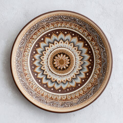 Naklejka premium Mandala sunburst design on round ceramic plate with intricate brown and beige patterns