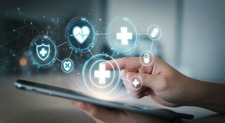 Digital Healthcare Interface on Tablet with Medical Icons and Technology Concept