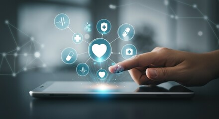 Digital Healthcare Interface on Tablet with Medical Icons and Technology Concept