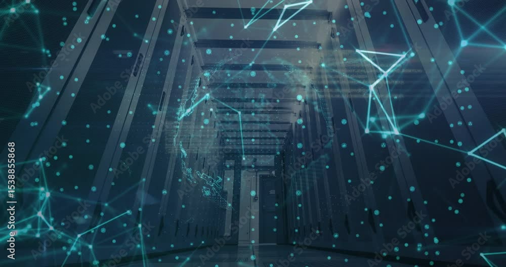 Poster fading network nodes and lines initiating wireframe globe rotating and visualizing connections