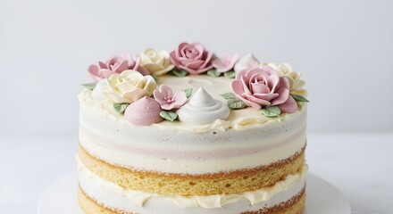 Elegant semi-naked vanilla layer cake decorated with buttercream flowers and roses on white background