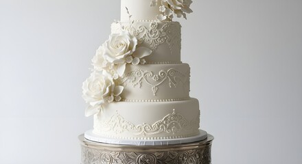 Luxurious four tiered white wedding cake decorated with sugar flowers and lace piping