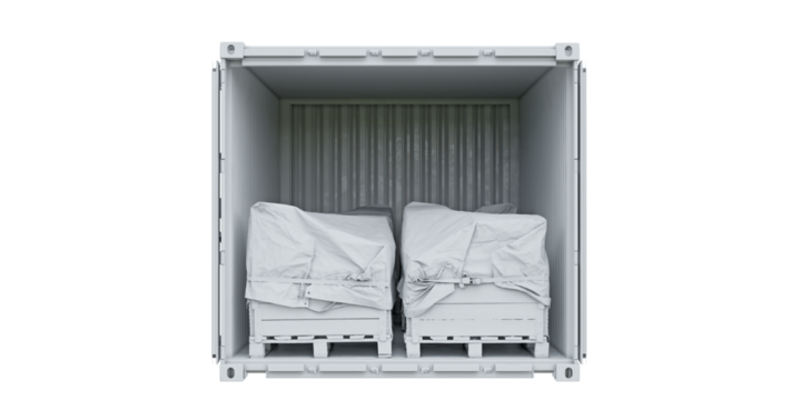 Mock up of open cargo container loaded with cargo isolated on a transparent background. Monochrome style. Front view. 3D illustration.