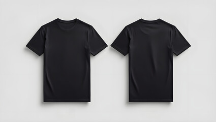 Blank black t-shirt mockup displaying front and back views on a light grey background