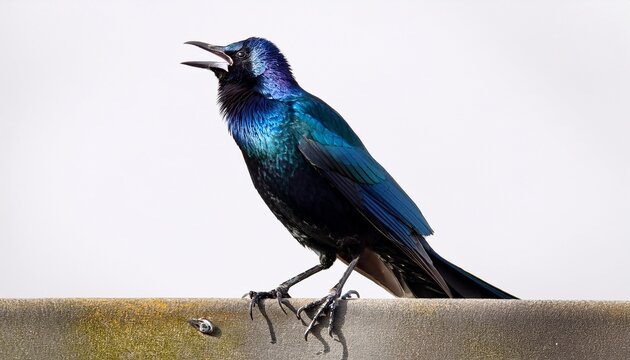 common grackle bird perched and serenading on a bright white backdrop