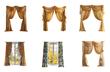 Collection of Elegant golden curtains draped over a grand window, flowing down in soft folds to the floor. isolate on transparent background
