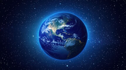 A vibrant, detailed depiction of Earth from space, illuminated with a soft glow against a backdrop of a star-studded night sky, showcasing the planet's continents and cloud formations