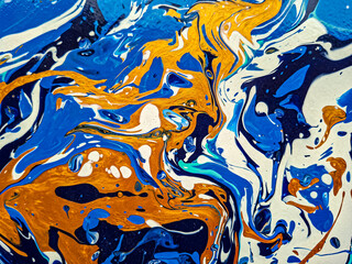 Vibrant abstract painting with swirling patterns in blue, orange, and white, featuring dynamic...