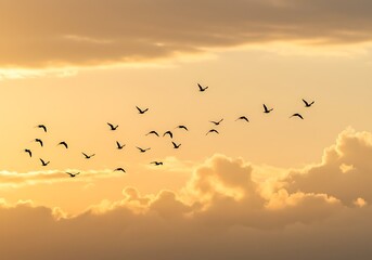 Fototapeta premium Silhouetted Birds in Flight at Golden Hour A Stunning Sunset Scene