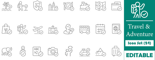 This minimalist travel and adventure icon set includes 24 editable line icons perfect for tourism, vacation planning, guides, transport, and travel blogs.
