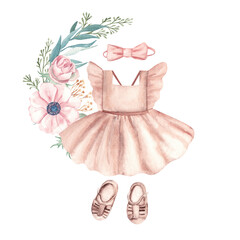Baby Girl Clothes composition in eco style. Linen Dress, Hair band with Bow, Sandals and anemone with eucalyptus floral bouquet. Watercolor hand painted illustration isolated on a white background
