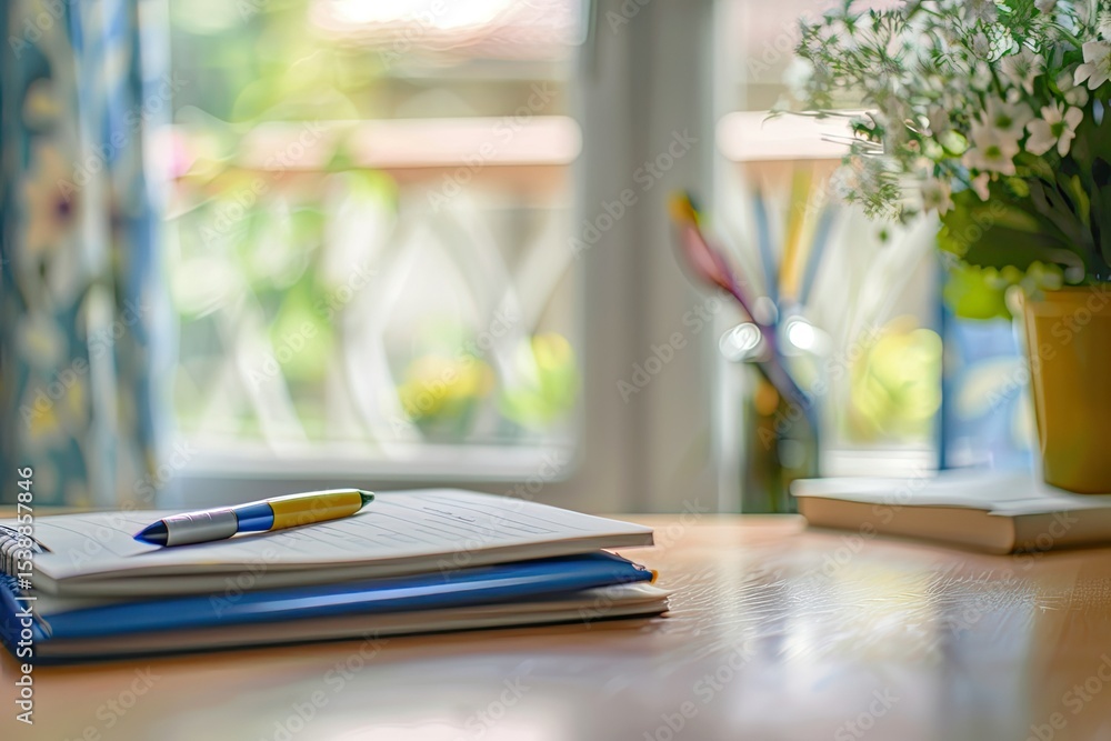 Poster high definition view of a desk with a pen notebook and pen on it