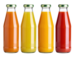 Four glass bottles filled with different colored fruit juices, sealed with green metal caps.