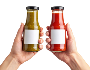 Two hands hold glass bottles with blank labels, one containing green sauce and the other red sauce, against a black background.