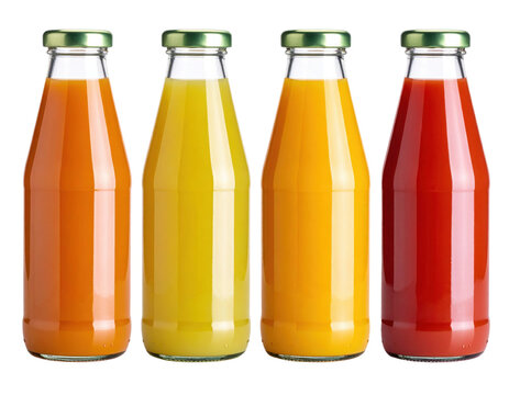 Four glass bottles filled with different colored fruit juices, sealed with green metal caps.