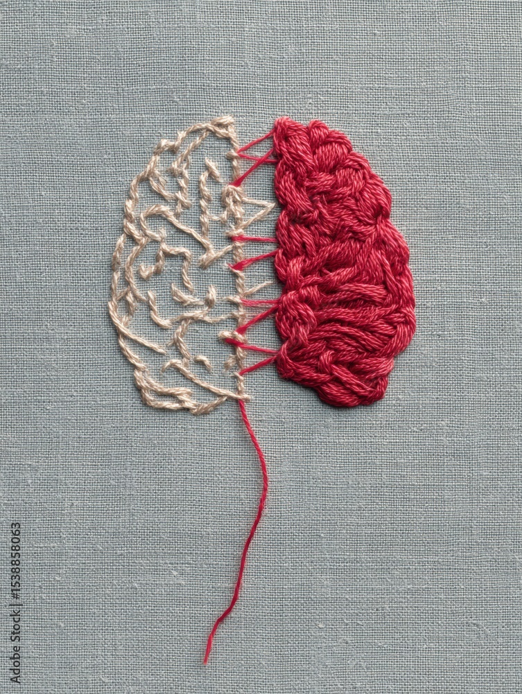 Aufkleber Connecting Emotions and Intellect Through Art With Torn Red Thread Linking Heart and Brain on Calming Background