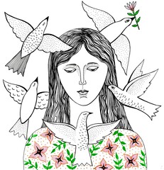 Illustration on a white background. Hand drawn with pen and ink. A girl and birds with her.