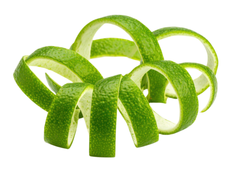 A curled strip of bright green lime peel with a textured surface, arranged in an elegant, swirling shape.