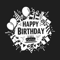 Happy Birthday graphic illustration with cake, gift boxes, balloons, cone hats in white on black color
