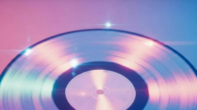 Close up of a retro vinyl record with blue and pink light flares. Music concept for vintage sound. Record player for old songs