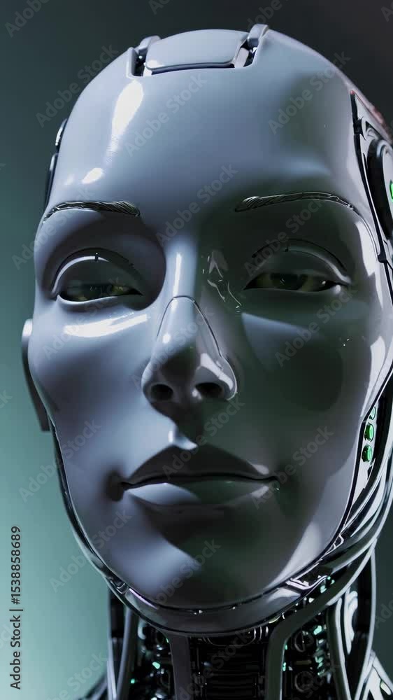 Poster closeup of futuristic robot face with realistic expressions