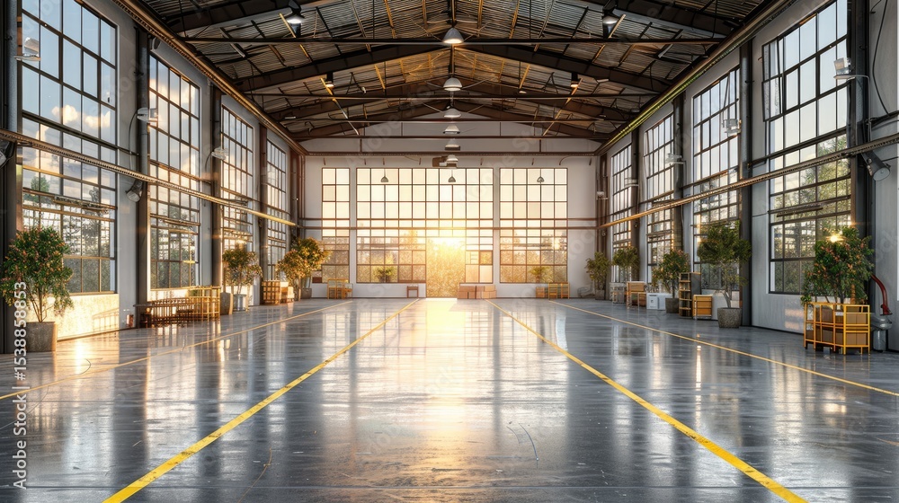 Aufkleber empty minimalist space with high walls and subtle sunbeams peeking through top-level windows