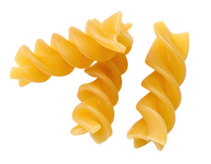 Three pieces of uncooked fusilli pasta with a spiral shape and yellow color.