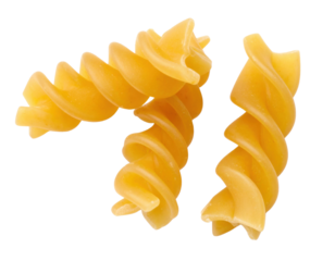 Three pieces of uncooked fusilli pasta with a spiral shape and yellow color.