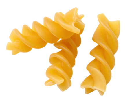 Three pieces of uncooked fusilli pasta with a spiral shape and yellow color.