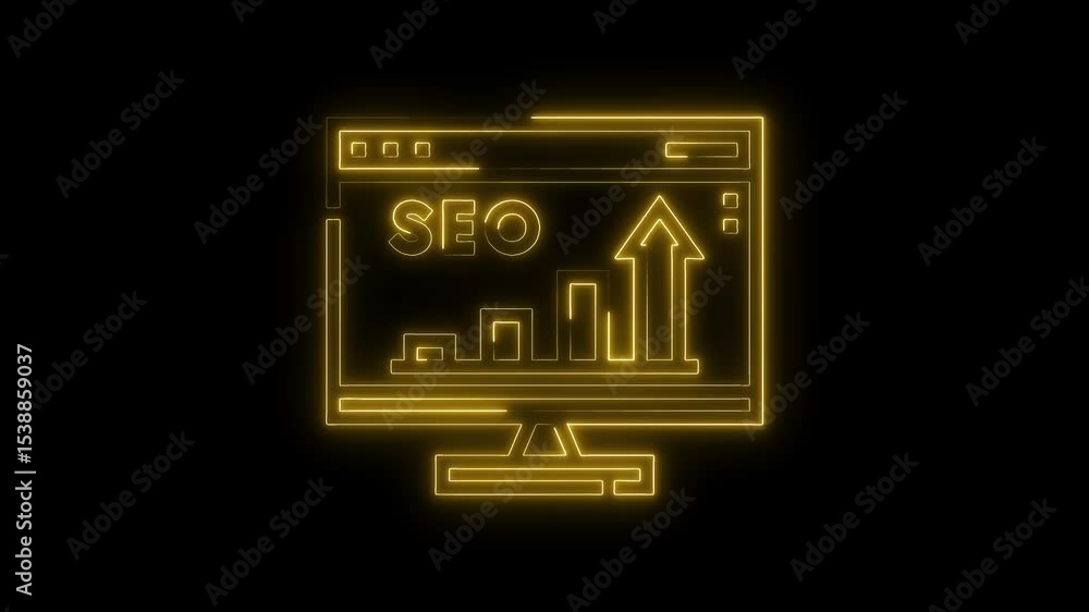 Aufkleber glowing neon seo concept on computer screen with rising graph on black background