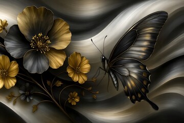 Closeup on a minimalist arrangement of black and gold flowers and leaves on a gray background