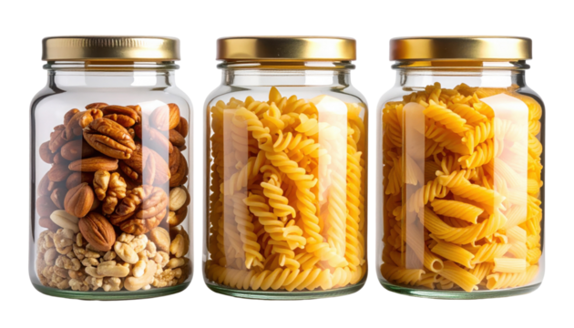 Three glass jars with gold lids containing mixed nuts, fusilli pasta, and rotini pasta.