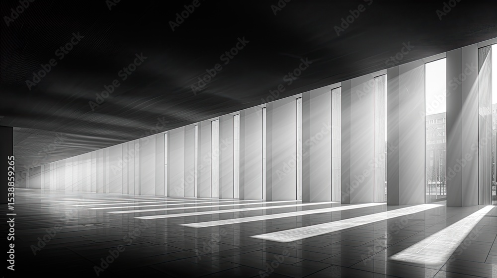 Poster vertical view of a minimal space emphasizing ceiling height, white walls and ambient daylight