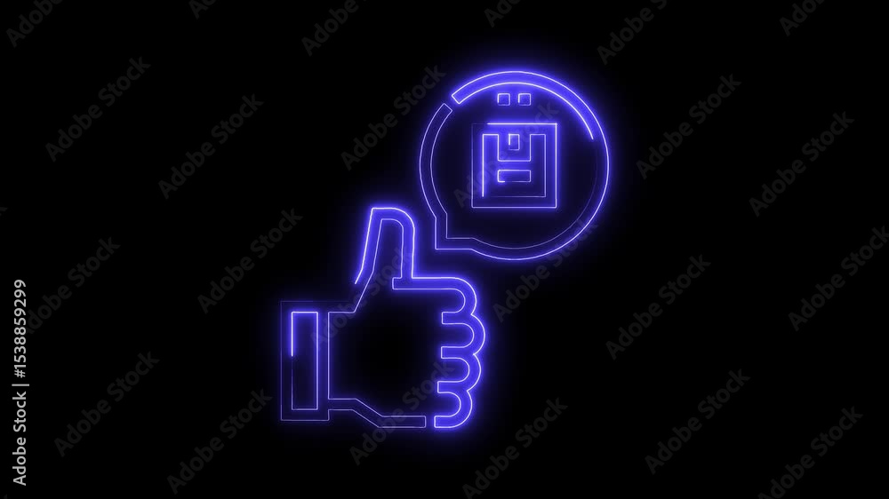 Poster neon thumbs up with floppy disk icon for data saving approval or positive feedback