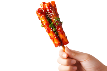 Hand holding a stick of glazed food topped with sesame and green onions, isolated on a clean background