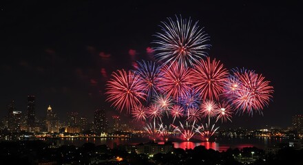 Fototapeta premium City skyline with colorful fireworks at night