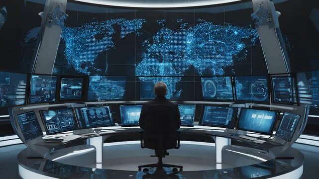 Man sitting in a control room with multiple screens displaying a world map and data analysis. A man sits in a futuristic control room. Cyber control room with high tech screens