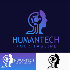 Modern tech logo combining a human profile with circuit elements in a gradient blue-purple tone. Perfect for AI, robotics, digital innovation, or futuristic technology branding