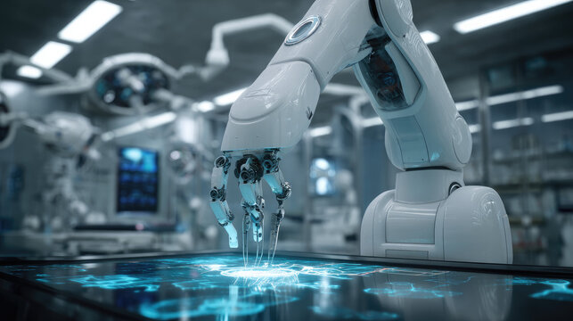 A robotic arm operates an advanced touchscreen interface in a futuristic, high-tech laboratory setting.