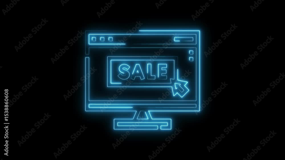 Aufkleber glowing neon computer screen displaying sale announcement and mouse cursor clicking for promotional 