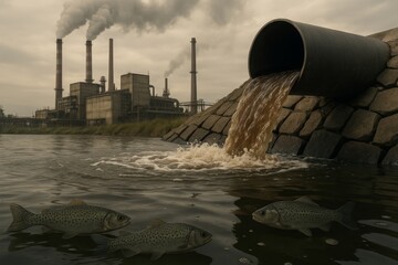 Industrial Pollution Wastewater Discharge into River Affecting Aquatic Life