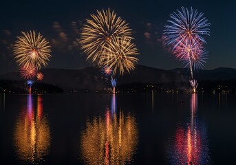 Fototapeta premium Fireworks celebration over water at night