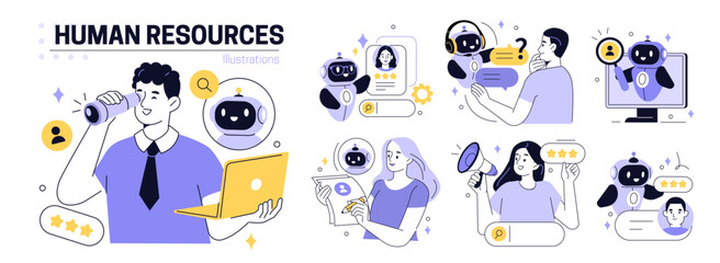 Naklejka na ściany i meble Artificial intelligence in hiring set. Characters use ai recruitment tools for business process, job searching, interview, cv writing. Human recourses concept. Vector illustration.