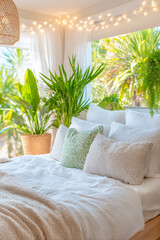 Vertical Photo of Boho Outdoor Bedroom with Bed and Soft Textiles, Summer Patio or Garden Pavilion Surrounded by Lush Green Plants, Cozy Natural Retreat and Stylish Outdoor Living Inspiration.