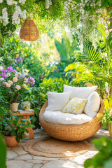 Boho Style Outdoor Wicker Armchair with White Cushions on Green Garden Background, Summer Relaxation and Nature-Inspired Terrace Design, Vertical Photo.