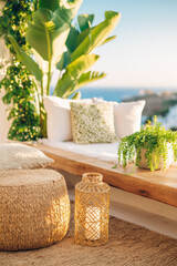 Mediterranean, Tuscany Terrace with White Lounge Seat, Rustic Elegance and Sunny Outdoor Vibes, Seaside Garden Inspiration, Vertical Photo.
