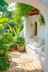 Mediterranean, Tuscany Terrace with White Lounge Seat, Rustic Elegance and Sunny Outdoor Vibes, Seaside Garden Inspiration.