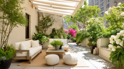 Modern City Apartment Terrace with Wooden Furniture, White Cushions and Elegant Awning, Urban Garden Design and City View, Outdoor Living Inspiration