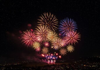 Fireworks display against night sky cityscape