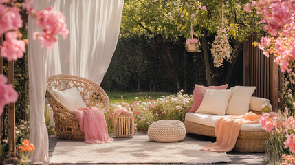 Boho Garden Terrace with Sofa and Armchair, Pink Accents and Green Surroundings, Summer Outdoor Lounge in Relaxing Backyard Style.